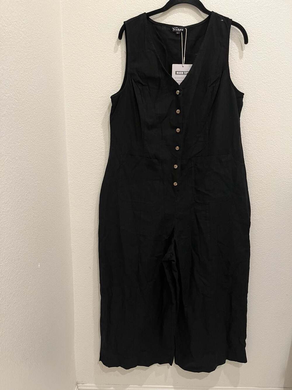 Women's Sleeveless Cotton Linen Blend V-Neck Button-Down Wide-Leg Jumpsuit - Picture 8 of 15